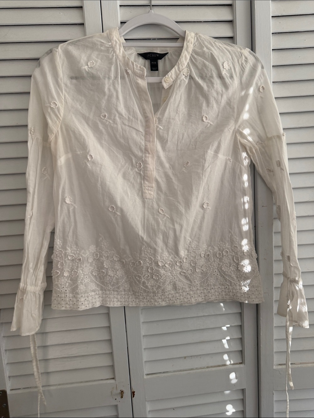 J. Crew Cream Embroidered Cotton Peasant Blouse
